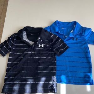 Under armor dry, fit, short sleeve polos 1 black and white, and 1 blue and black